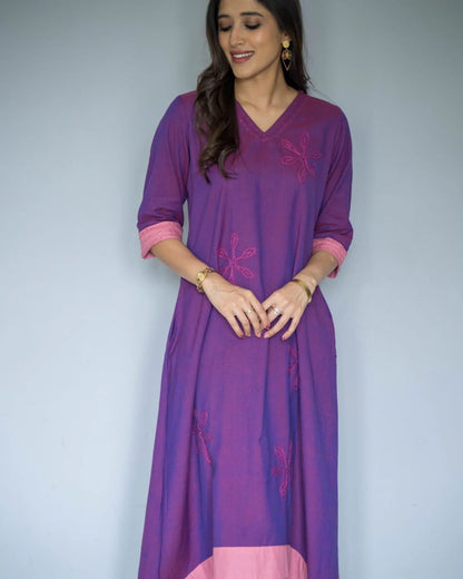 Purple Pink Embroidered V Neck Asymetrical Dress
