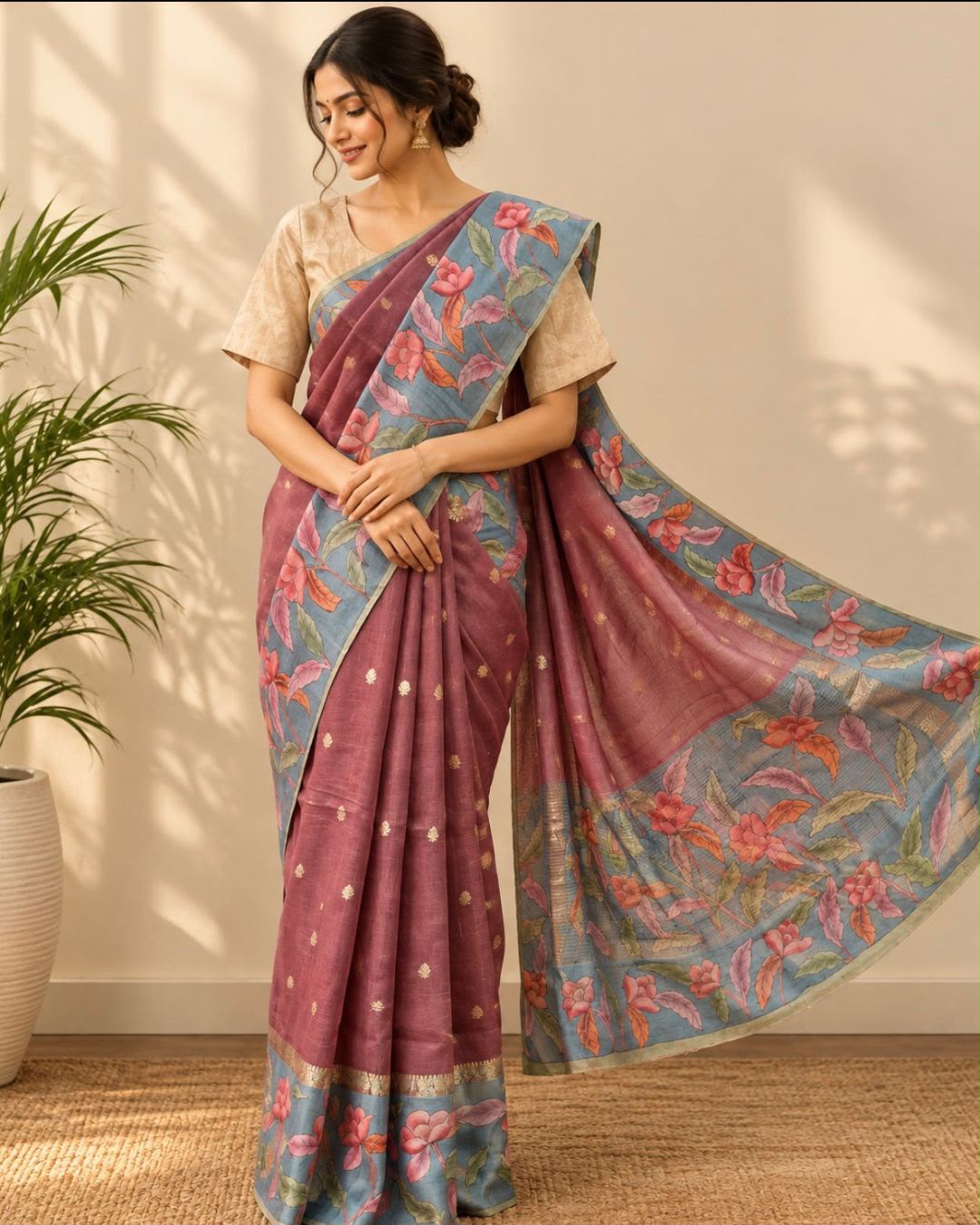 Dusty Rose with Slate Blue Kalamkari Floral Border and Zari Buttas Tussar Silk Saree