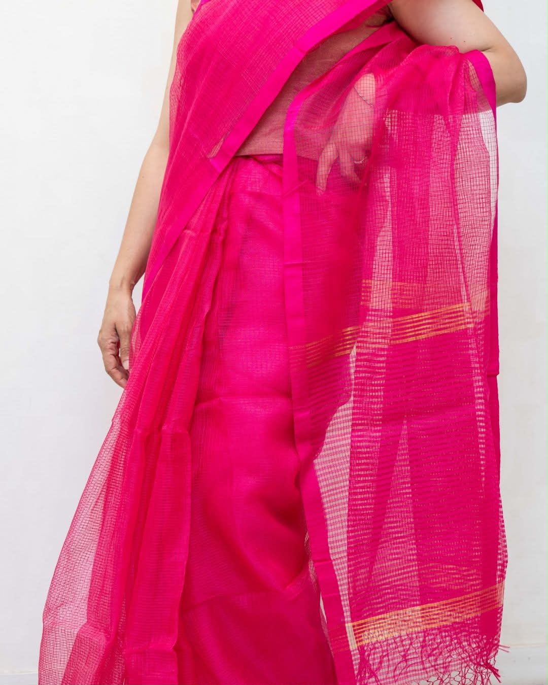 Pink Checks Organza Silk Kota Fulia Saree