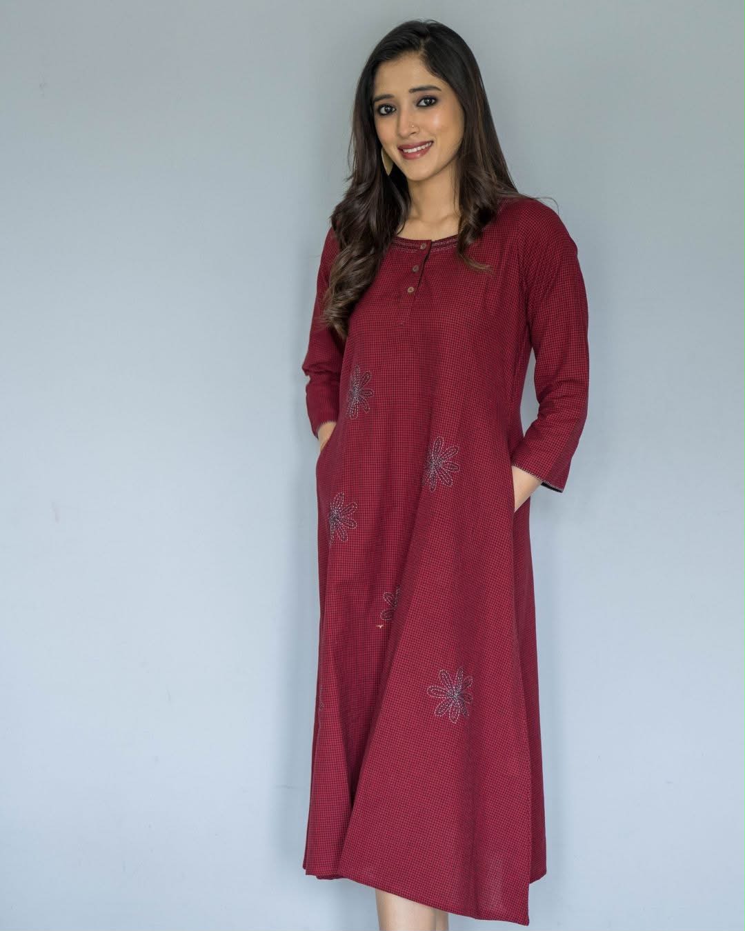 Maroon Checks Embroidered Cotton Dress
