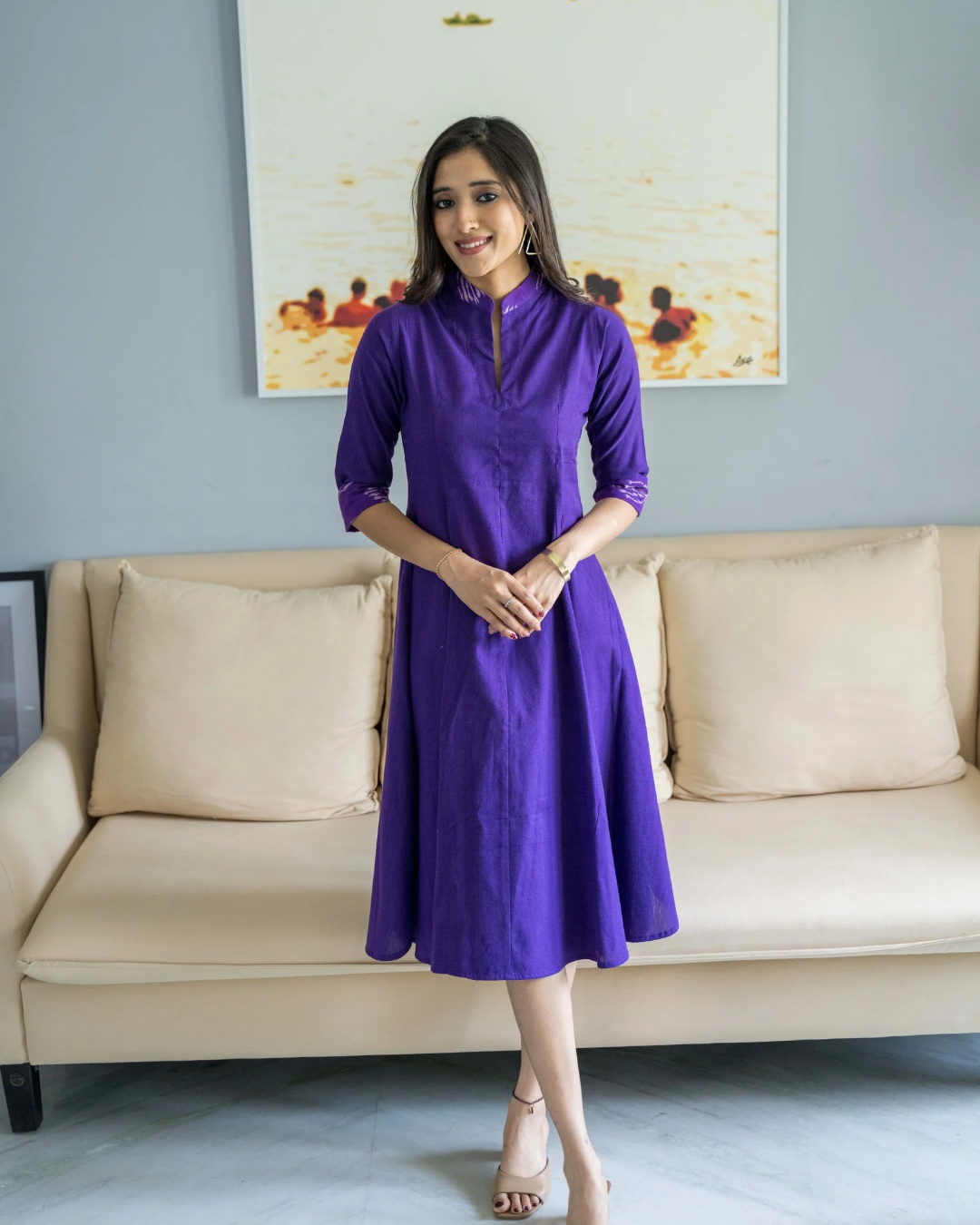 Purple Chinese Collar Cuff Ikat Cotton Dress