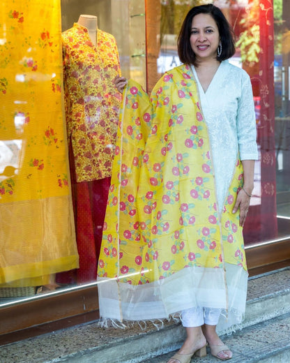 Yellow Silk Cotton Pink Floral Block Print  Dupatta