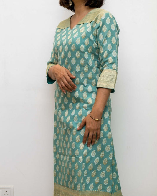 Sea Green Chinese cuffcollar Banarasi Silk Kurta