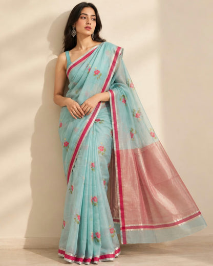 Teal Blue Pink Hibiscus Jamdani Marm Chanderi Silk Cotton Saree