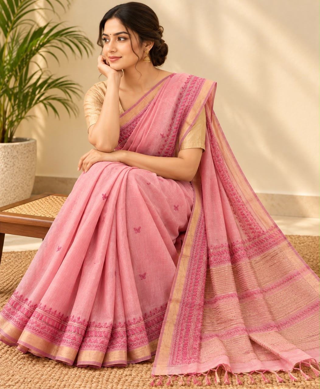 Pink Embroidered Floral Buttas Mulberry Silk saree
