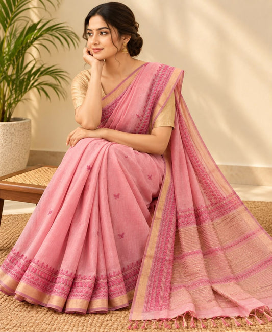 Pink Embroidered Floral Buttas Mulberry Silk saree