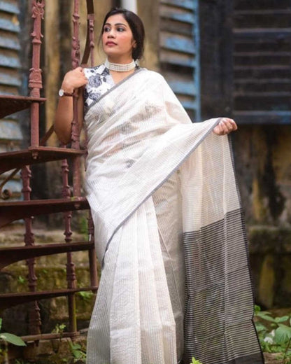 White Silver Tissue Stripes Chanderi Silk Saree